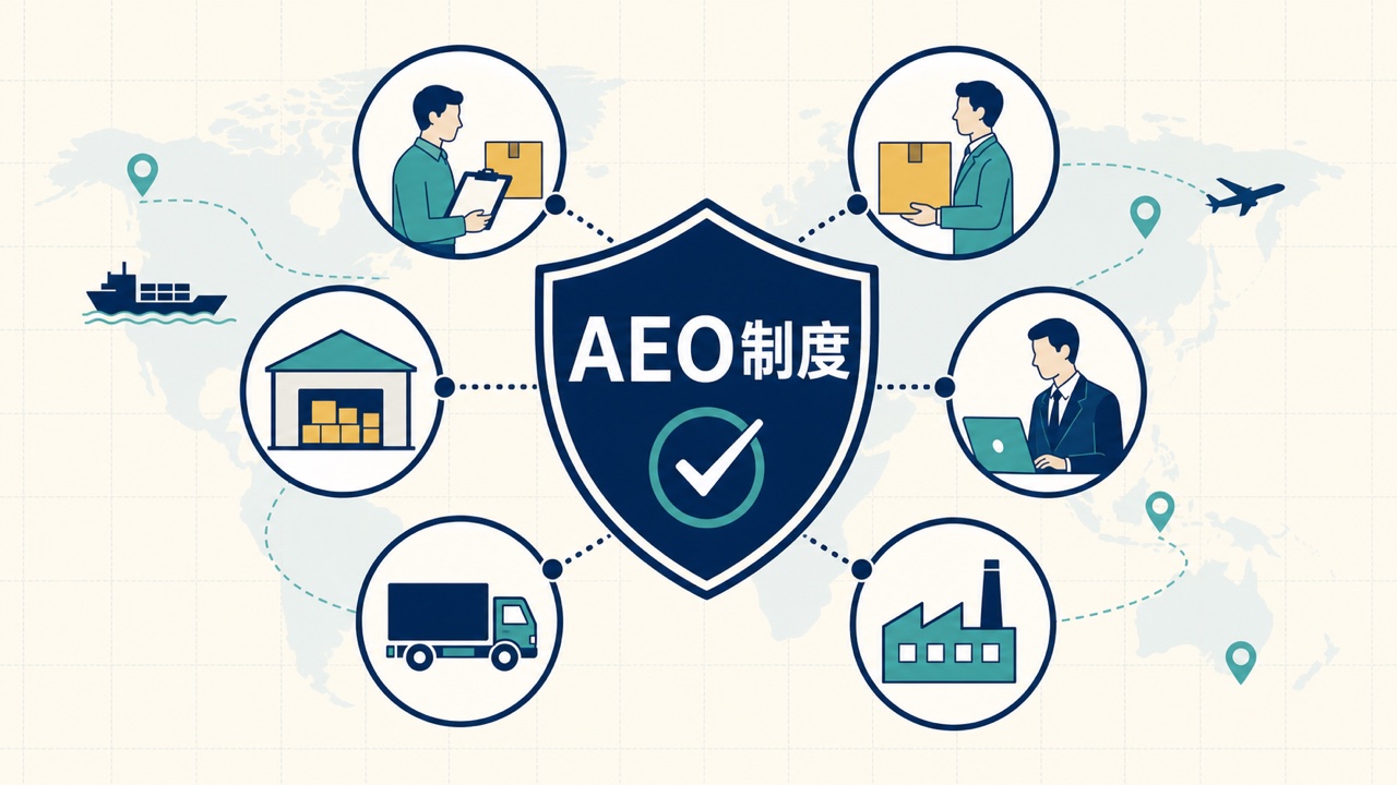 AEO制度を中心に輸入者・輸出者・倉庫・通関業者・運送者・製造者を示したアイキャッチ