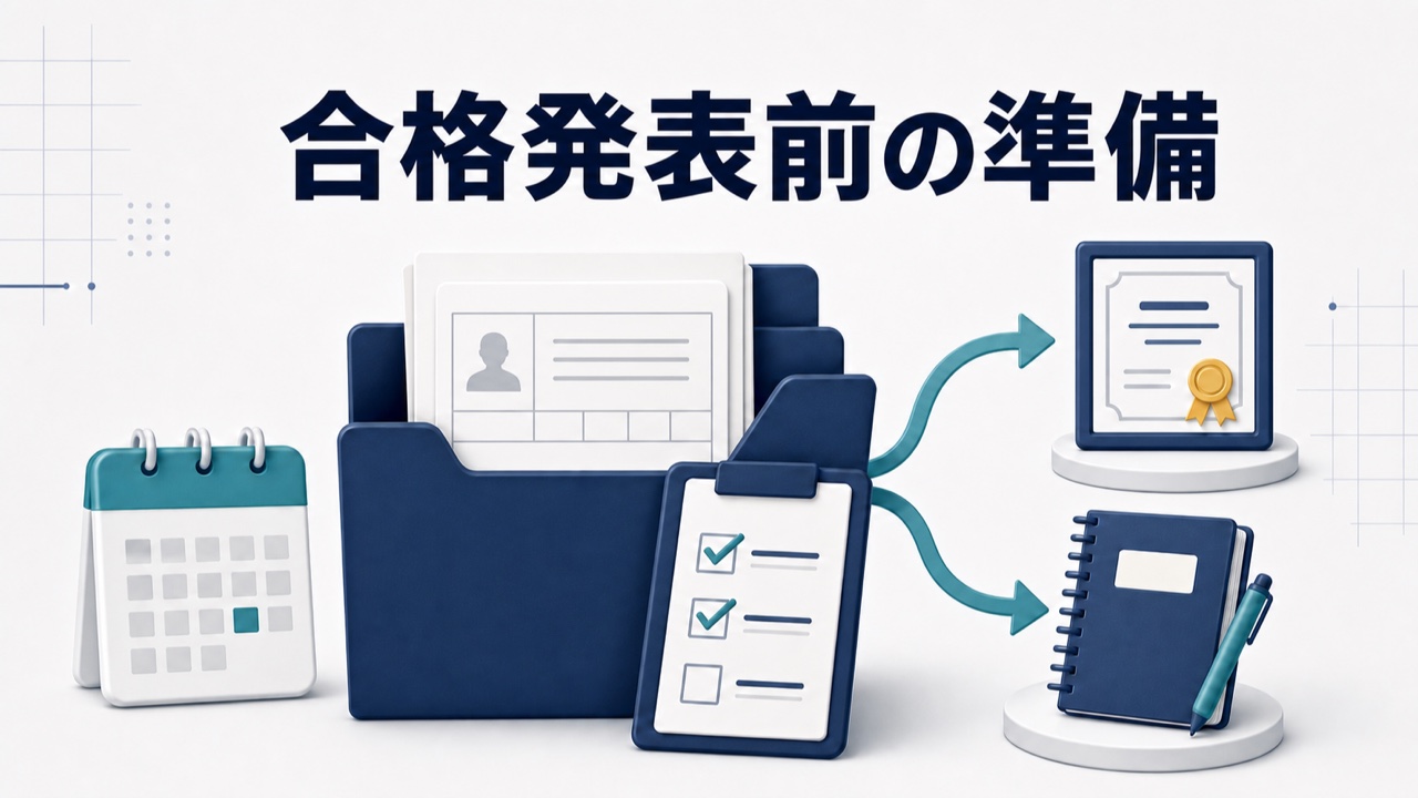 第60回通関士試験の合格発表前に受験票・合格証書・学習計画を準備する図