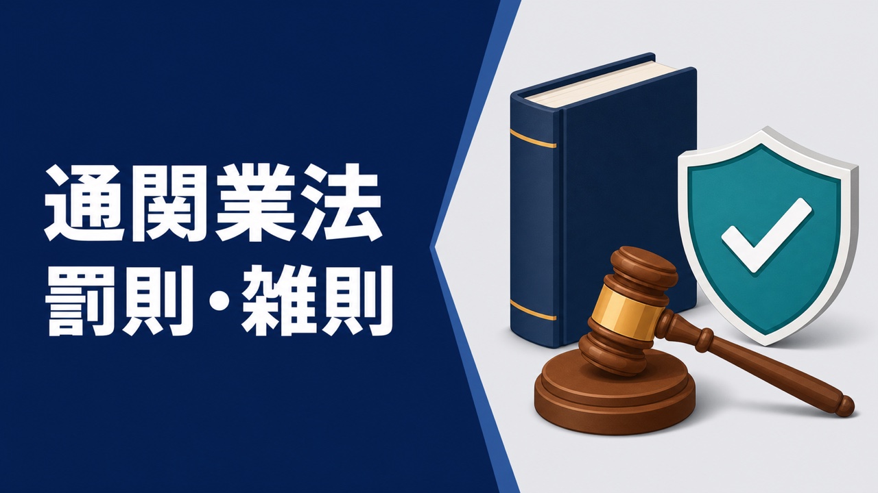 通関業法の罰則と雑則を法律書・木槌・盾で表したアイキャッチ