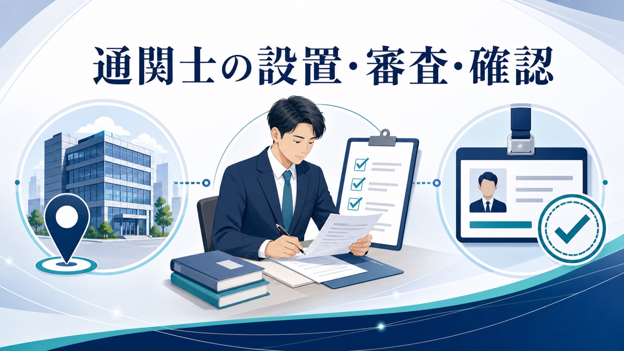 通関士の設置、通関書類の審査、財務大臣の確認を表すアイキャッチ