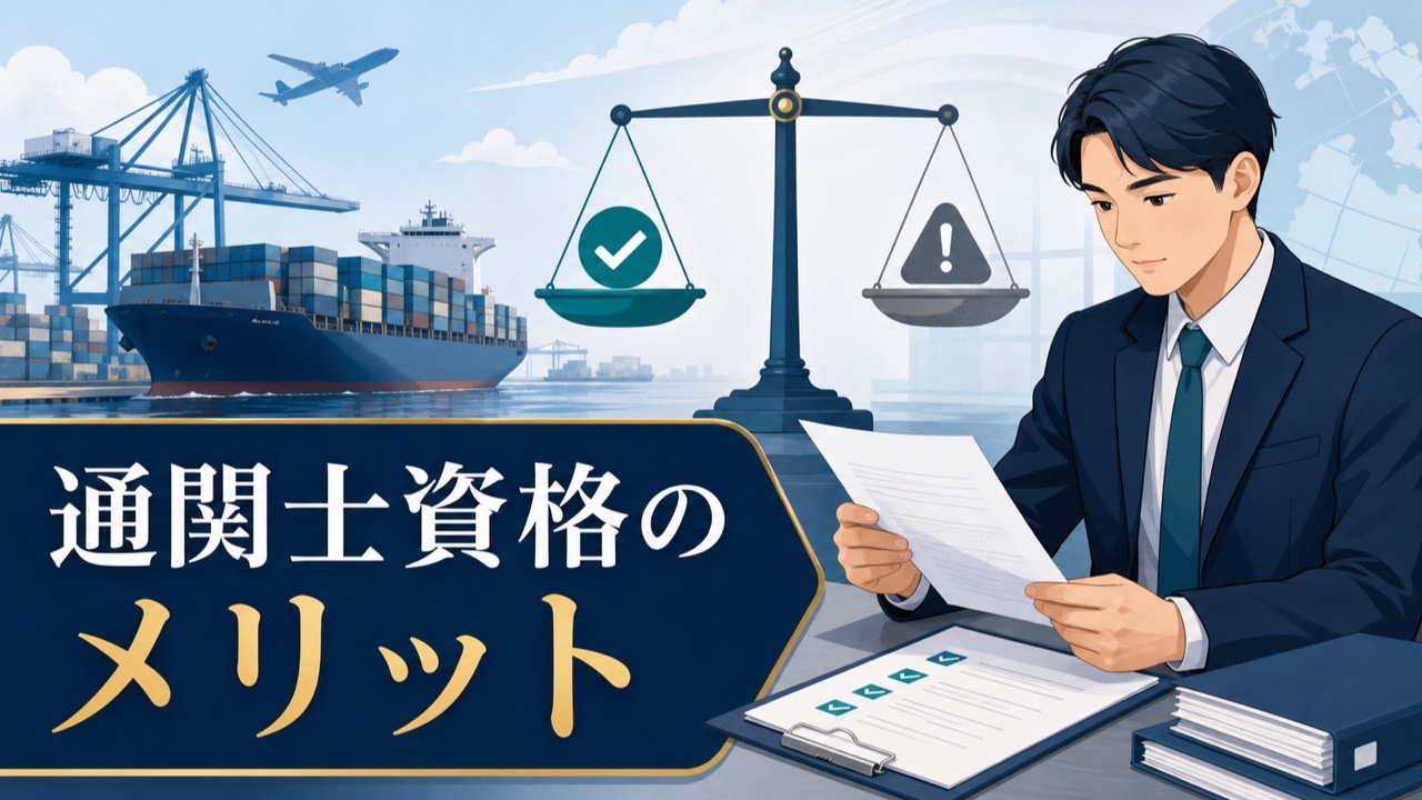 通関士資格のメリットと注意点を天秤で比較しながら通関書類を確認するイメージ