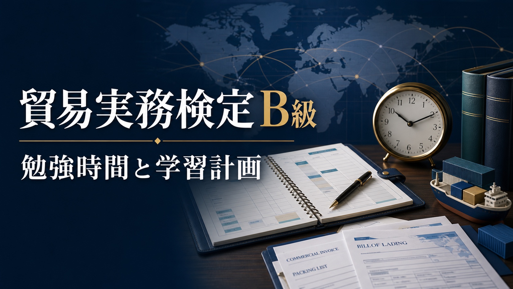 貿易実務検定B級の勉強時間と学習計画を表すアイキャッチ