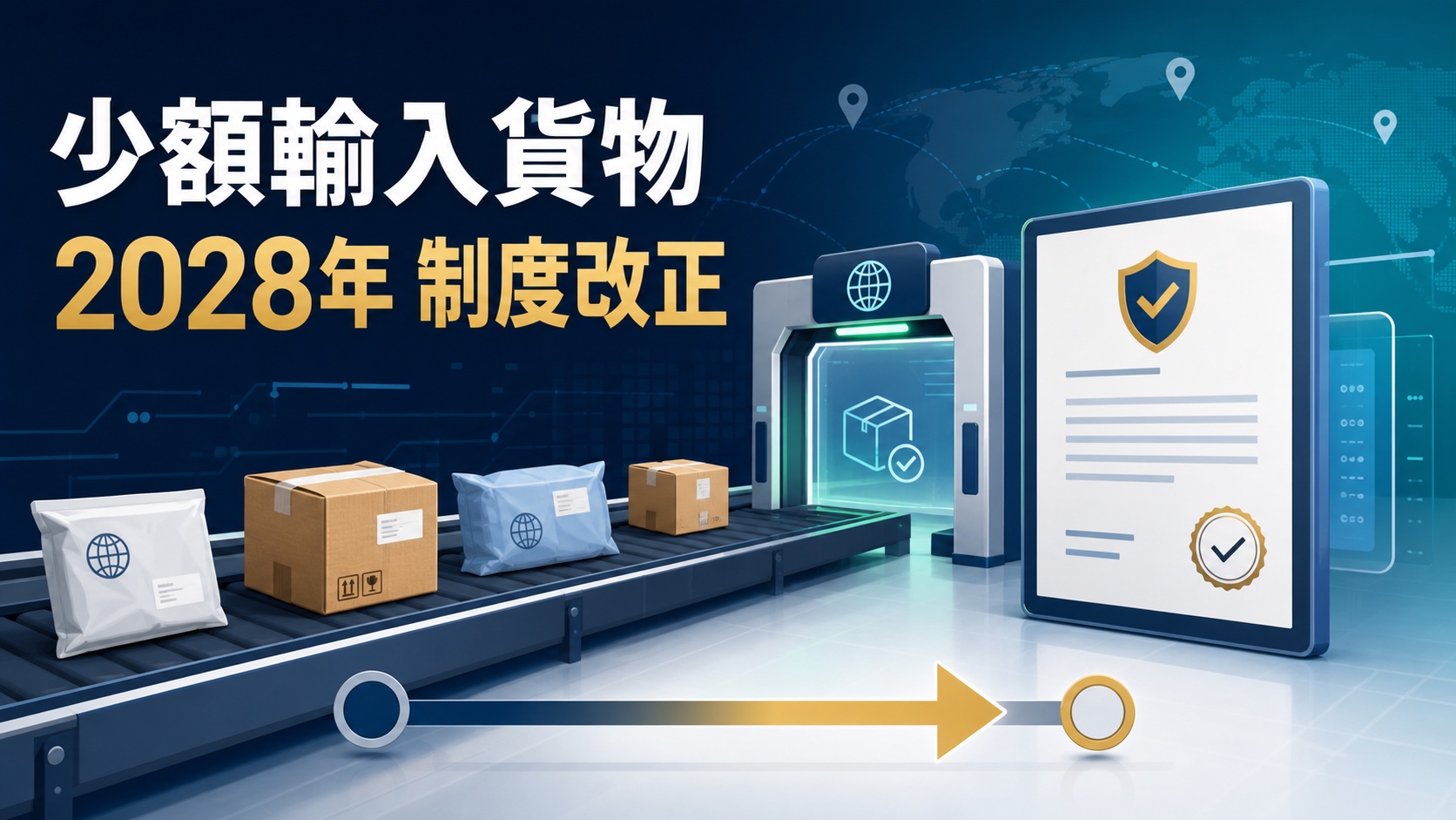 越境ECの小口貨物と2028年の制度改正を示す通関イメージ
