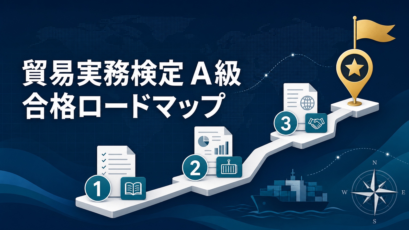貿易実務検定A級の3段階の合格ロードマップを表すアイキャッチ