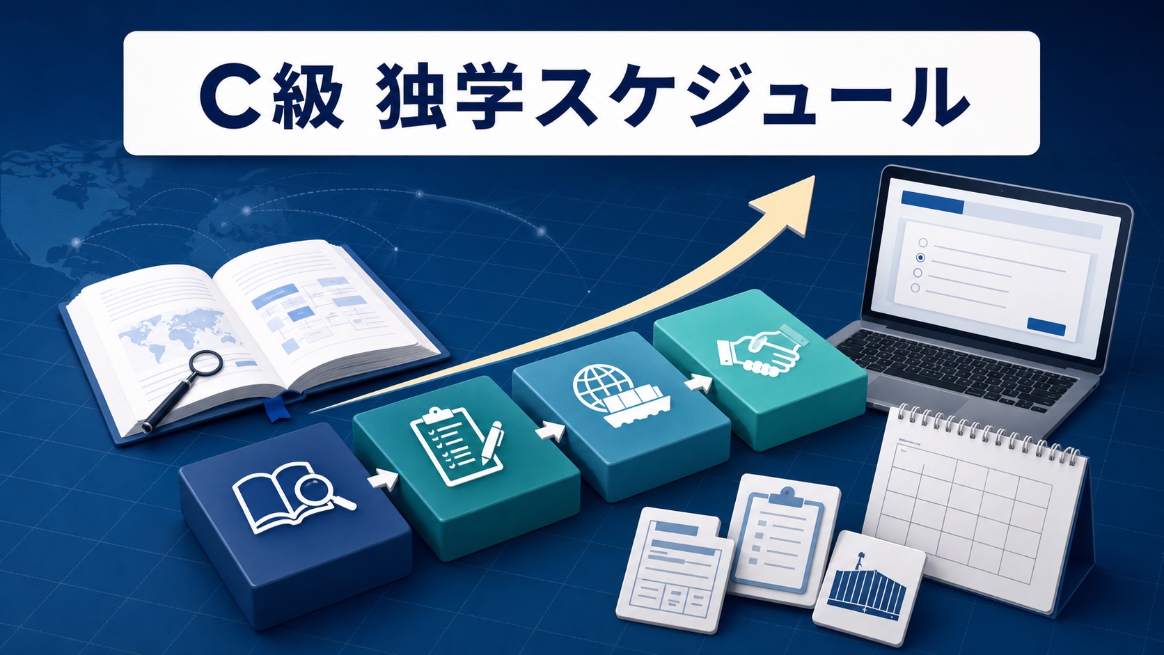 貿易実務検定C級の独学8週間スケジュールを示す学習ステップ