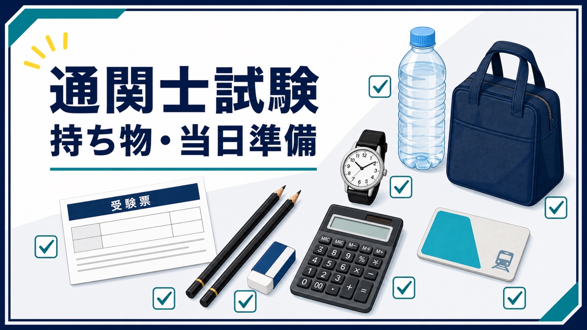 受験票・鉛筆・消しゴム・時計・電卓など通関士試験の持ち物を並べたアイキャッチ