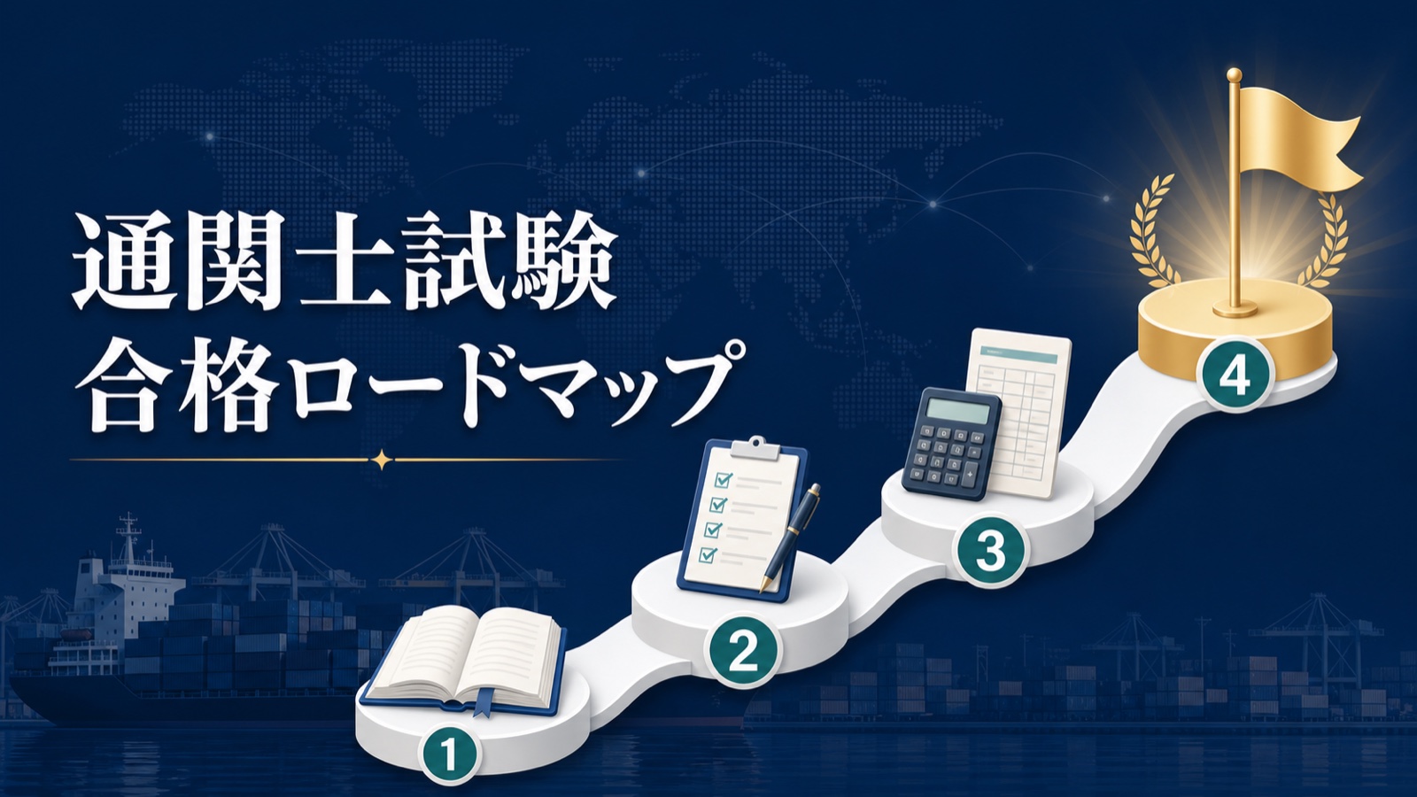通関士試験合格までの4段階ロードマップを表すアイキャッチ