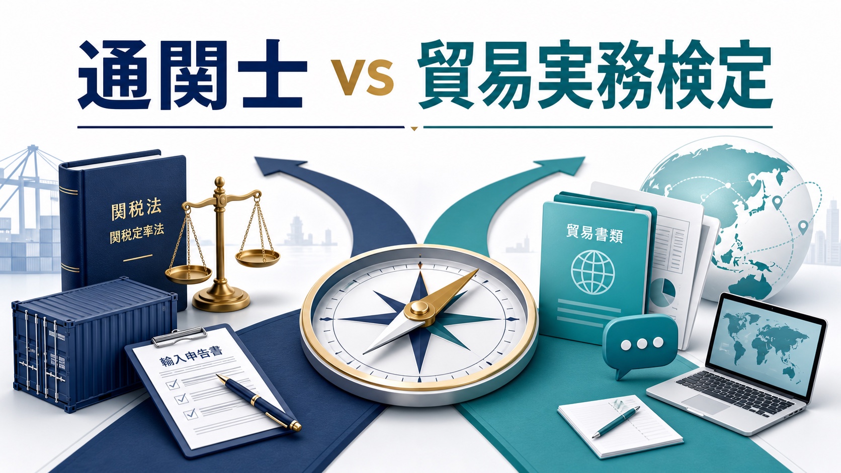 通関士と貿易実務検定の違いを2つの進路で表した比較アイキャッチ