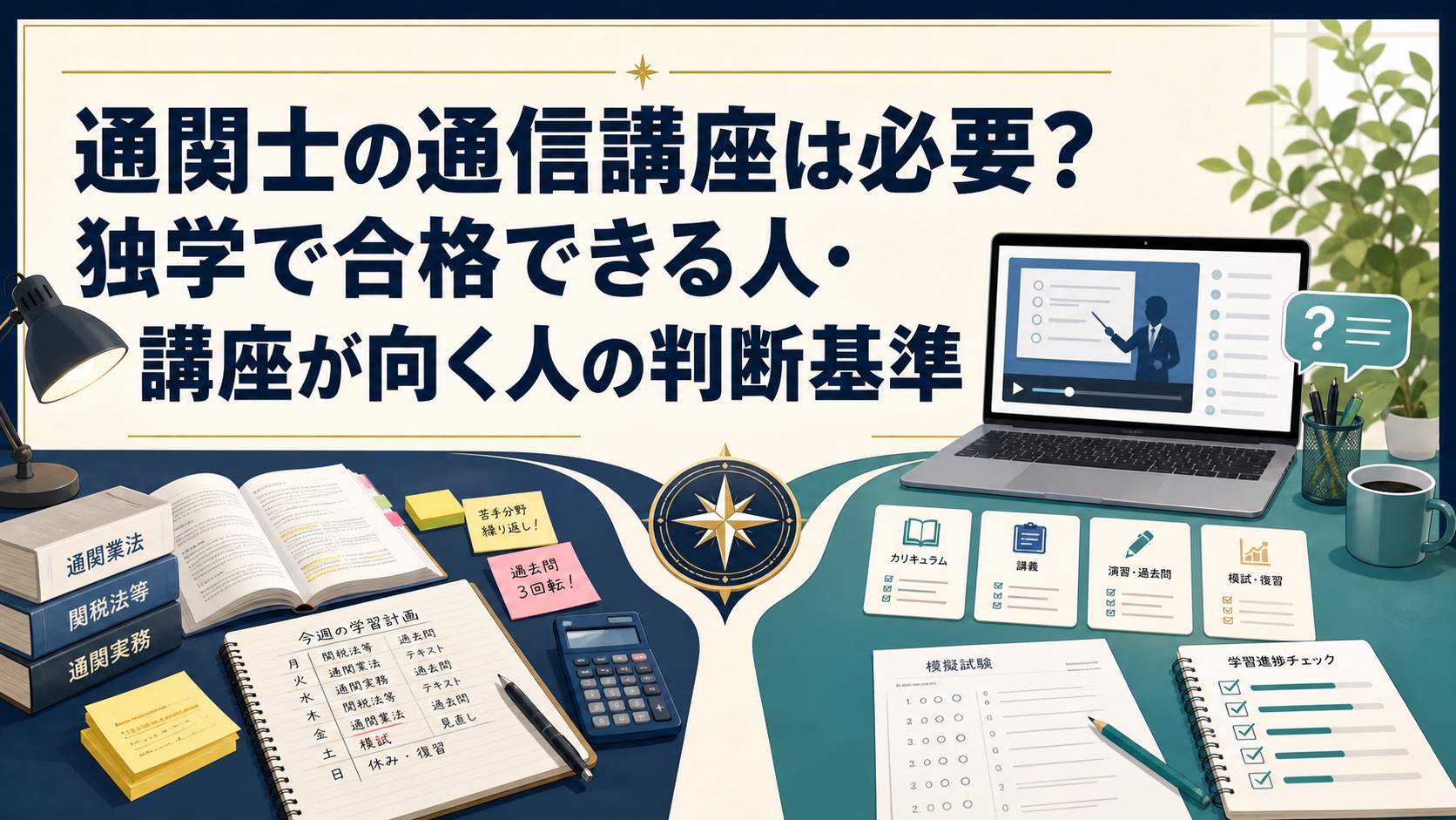 通関士の通信講座が必要な人と独学で合格を目指せる人の判断基準を示すアイキャッチ