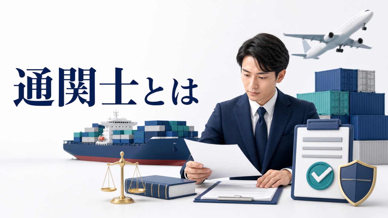通関書類を審査する通関士と貨物船・航空機・コンテナのイメージ