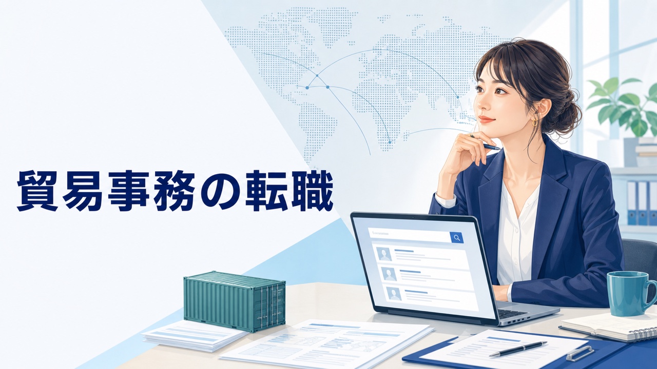 貿易事務の転職先を求人画面で比較するビジネスパーソンと国際物流のイメージ