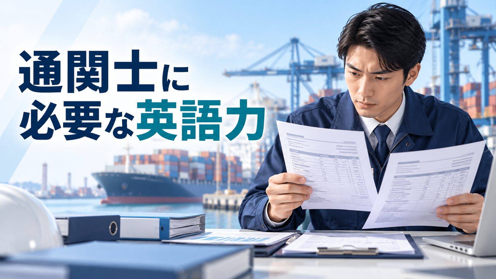 港を背景に英文の通関書類を確認する通関実務担当者のアイキャッチ