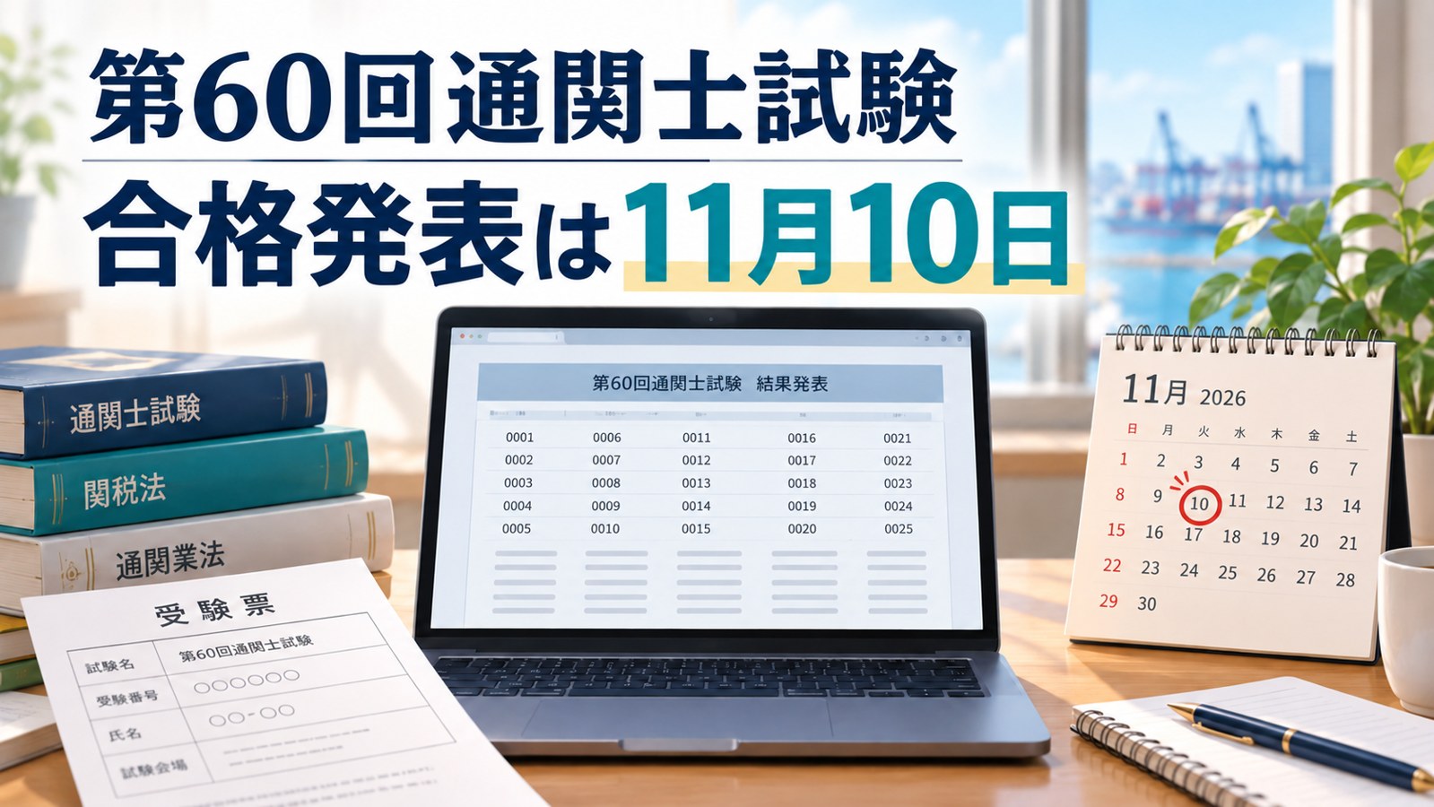 第60回通関士試験の合格発表日と受験番号の確認方法を示すイメージ